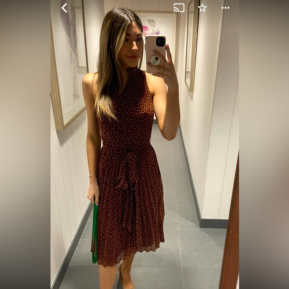 Burnt Orange Polkadot High-Neck Midi Dress